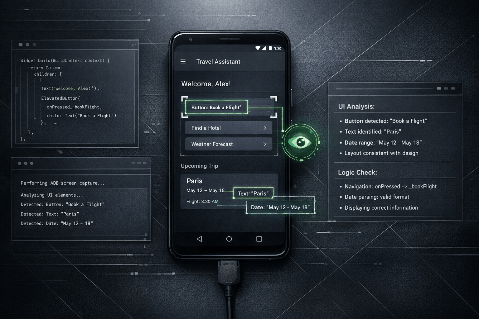 Android device screen captured through ADB while a multimodal agent analyzes the UI beside code panels in a Nic Hyper Flow workflow