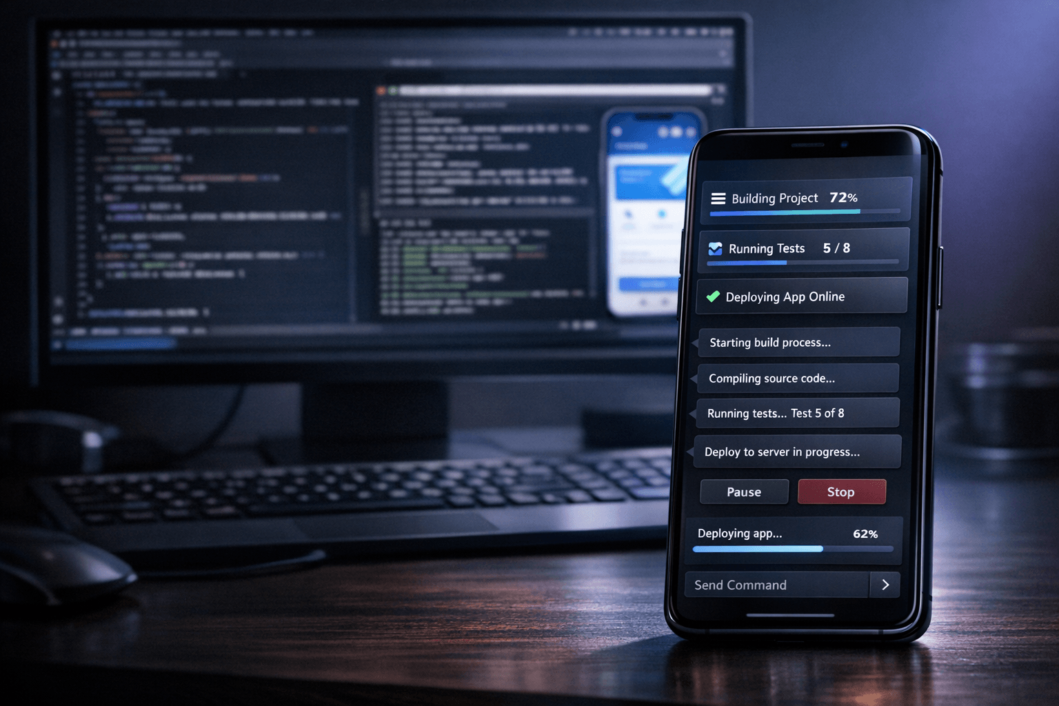 A smartphone acting as the control surface for a PC-based coding agent, with remote status panels and a Flutter development context
