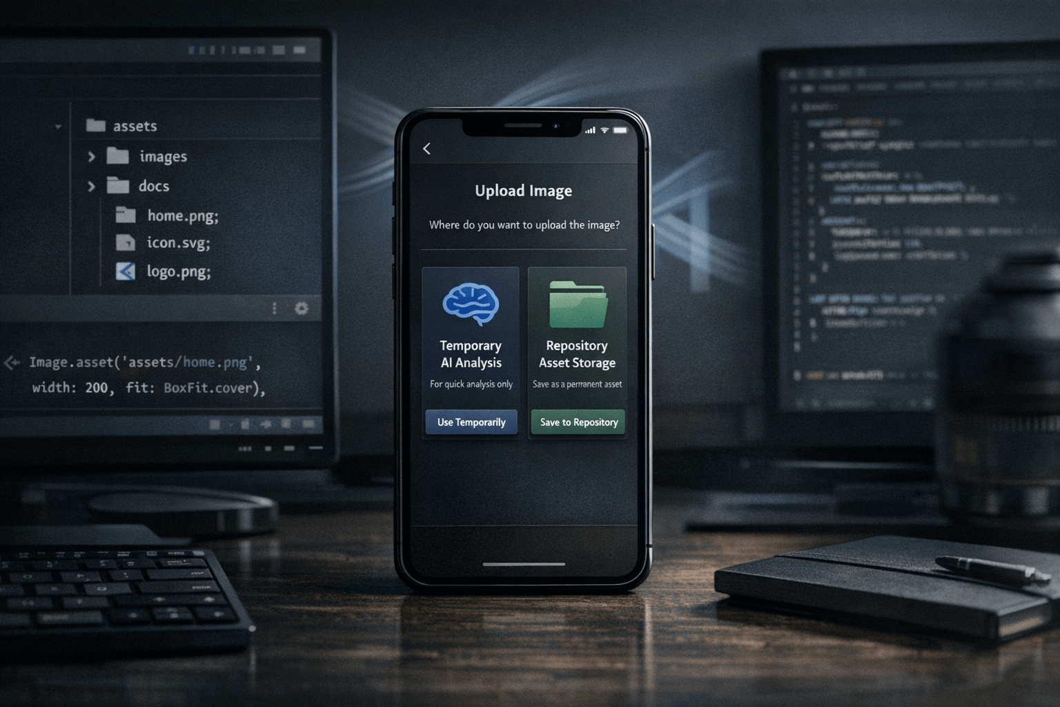 Smartphone upload flow showing a choice between temporary AI image analysis and repository asset storage, with code and Flutter asset references in a Nic Hyper Flow scene
