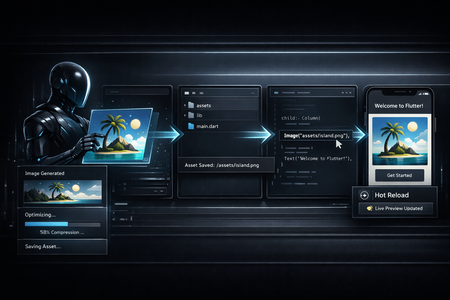 Editorial illustration of an AI agent handling a full Flutter asset pipeline: generating an asset, compressing it, saving it into the project, referencing it in code and refreshing a live preview.